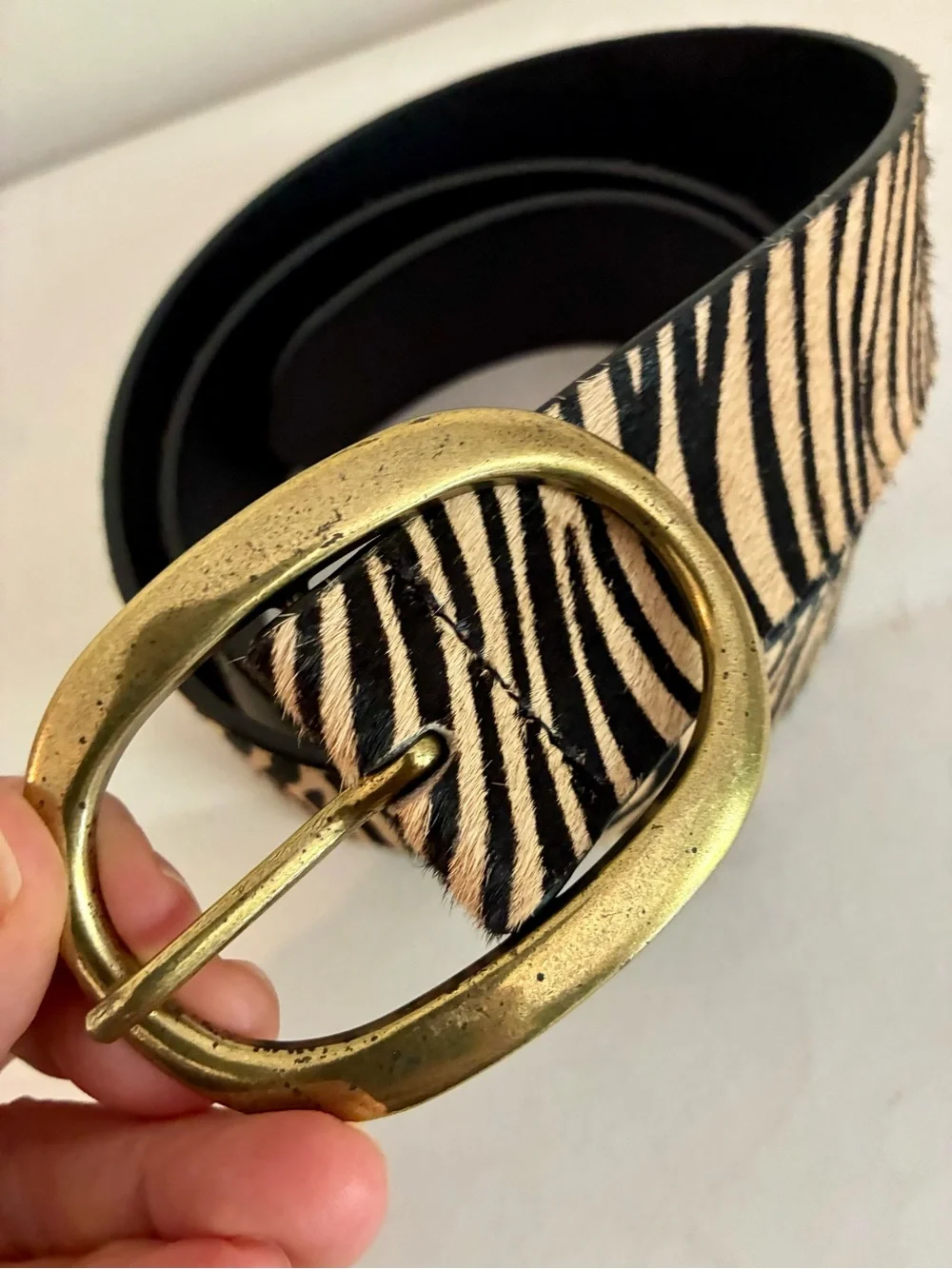 Anthropologie Zebra-Print Brown Leather Belt with Gold Oval Buckle S EUC